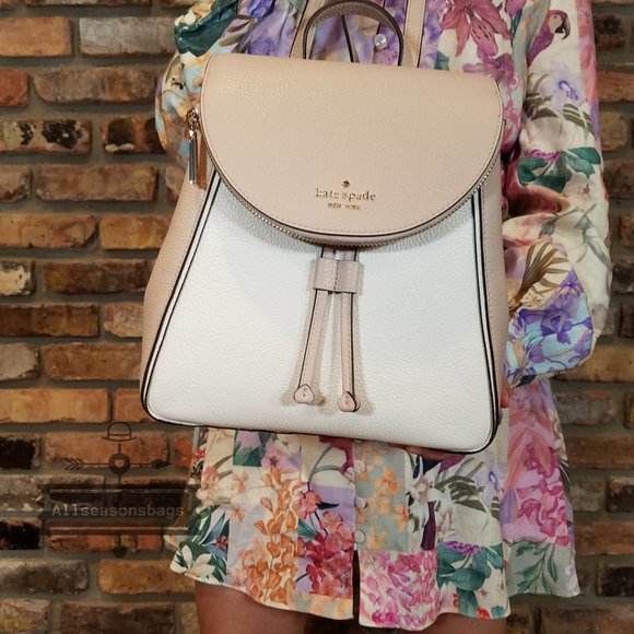 LEATHER Kate spade Medium Flap Backpack Leila Beige White - Picture 11 of 13